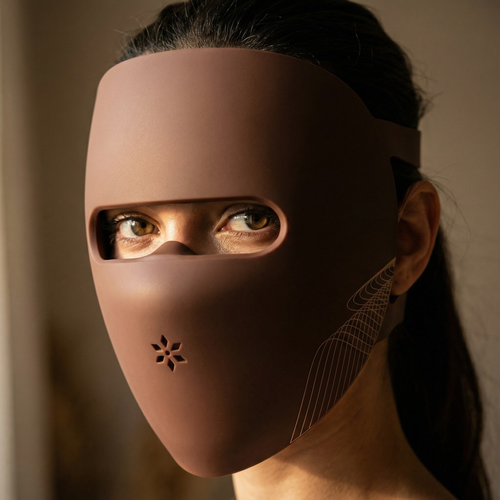 Close-up of SkinForge Pro LED mask showing full face and neck coverage